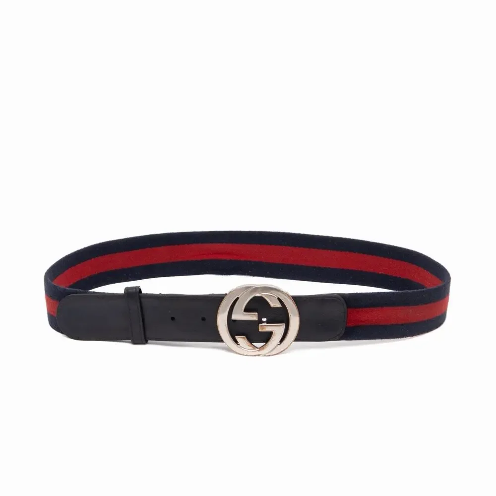 Gucci GG Interlocking Buckle Navy Red Web Striped Canvas / Leather Belt 90•36